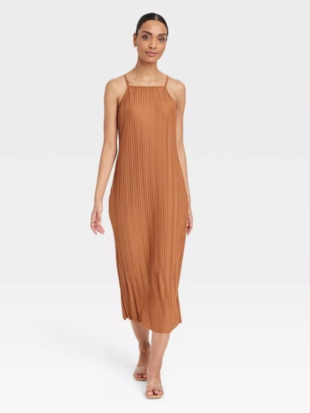 Halter-Neck Pleated Midi Dress in Warm Camel Rust color